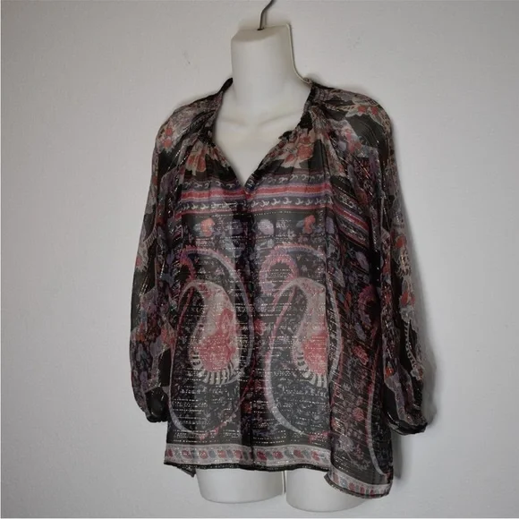 TUCKER Bergdorf Goodman Boho 100% Silk Button Down Sheer Blouse Metallic Size S - Picture 3 of 11